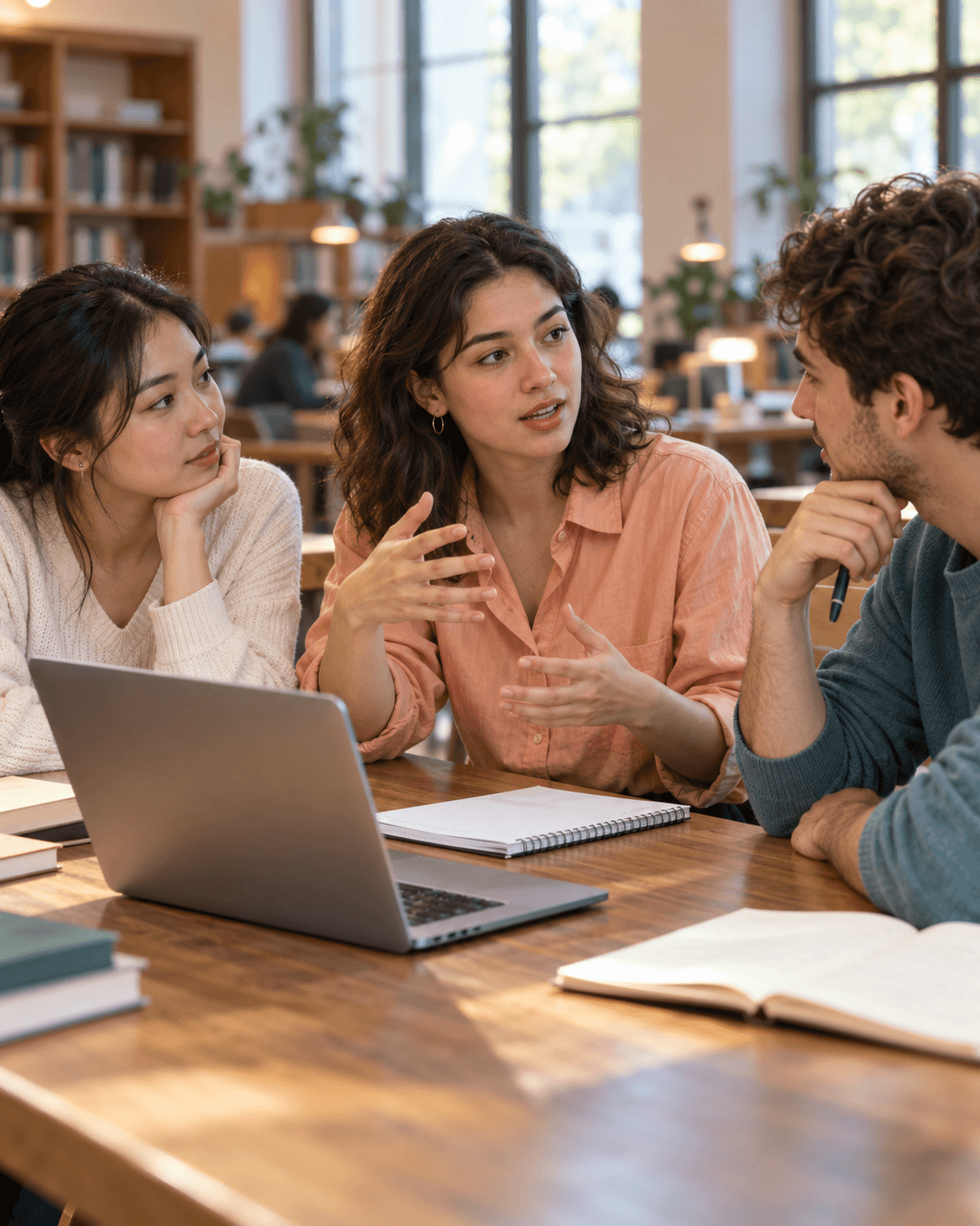Illustration of three university students exchanging ideas around a shared laptop.